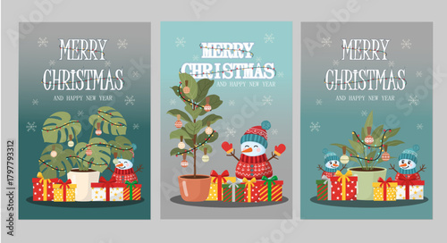 Set of 3: Merry Christmas and Happy New Year Cards with Houseplants, Snowman Characters, and Holiday Gifts Collection