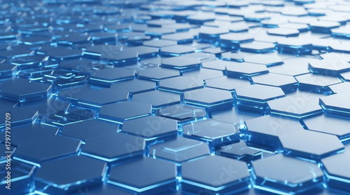Abstract futuristic technology background with glowing blue hexagonal shapes creating geometric pattern and depth of field effect