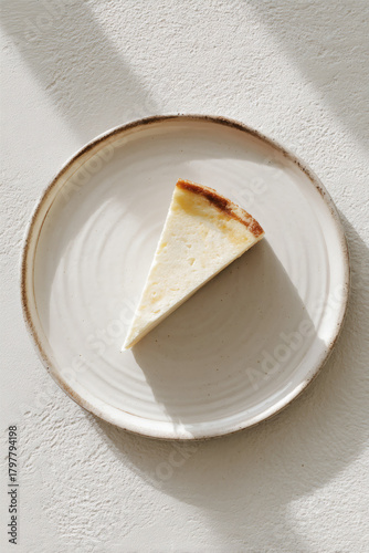 A slice of delicious spanish cheescake on plate, AI generated