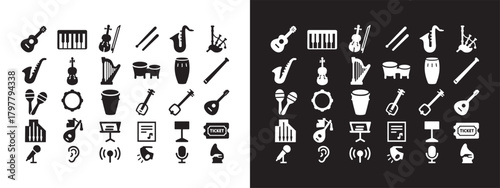 Large Set of Music, Performance, and Audio Equipment Solid Glyph Icons