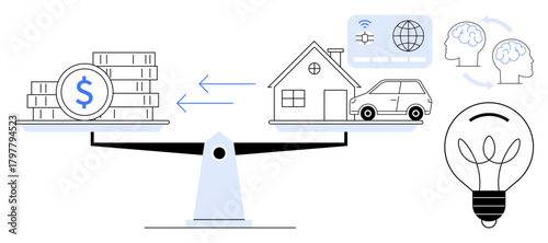 Scales balance money with property, car, tech icons, human minds, light bulb idea. Ideal for finance, investment, technology real estate innovation decision-making business strategy. Simple flat