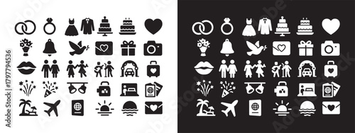 Large Set of Wedding, Honeymoon, and Event Solid Glyph Icons