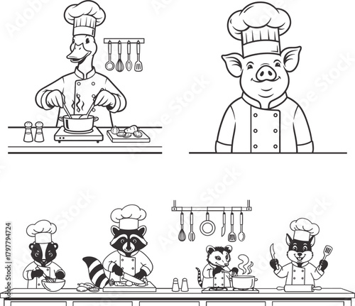 Funny cartoon animal chefs cooking illustration with duck pig and raccoon in kitchen, black and white vector art of farm and wild animals preparing food for restaurant menu concept culinary design and