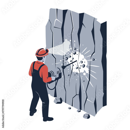 Isometric illustration of a miner drilling into a rock wall.