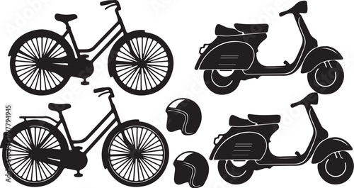 Bicycle and Scooter Silhouettes with HelmetsExtended Description: A set of four black silhouettes featuring two bicycles and two scooters, along with two helmets. The also transparent background