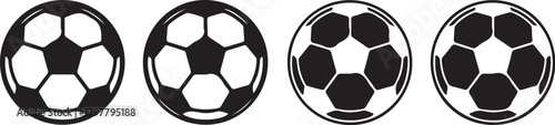 Four Black and White Soccer Balls in a Row with Slight Variations in Detail and Size football sport also transparent background