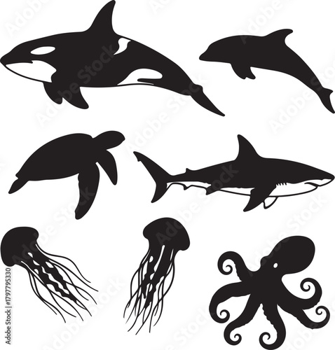 Silhouette Collection of Marine Animals Including Orca Dolphin Shark Turtle Jellyfish and Octopus Keywords: orca silhouette dolphin silhouette shark silhouette turtle also transparent background
