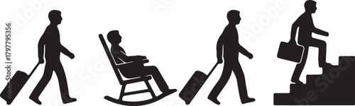 Silhouettes of a Man in Various Poses with Luggage and Stairs person black and white also transparent background