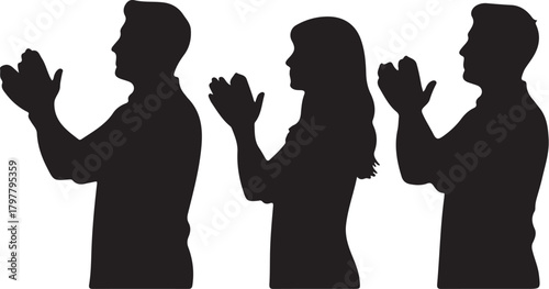 Silhouettes of People Clapping Extended Description: Three black silhouettes of people clapping their hands are shown in profile against a white background. The also transparent background