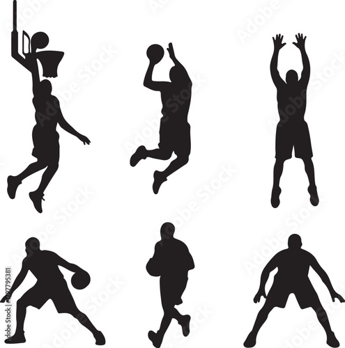 Six black silhouette figures of basketball players in action on a white background sport athlete also transparent background
