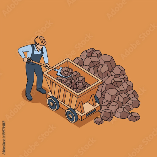 Isometric illustration of a miner loading coal into a cart.