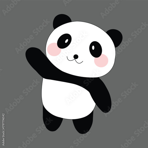 Cute cartoon panda waving hello with a sweet smile and rosy cheeks. Adorable and friendly mascot illustration for kids' designs, stickers, and simple logos.