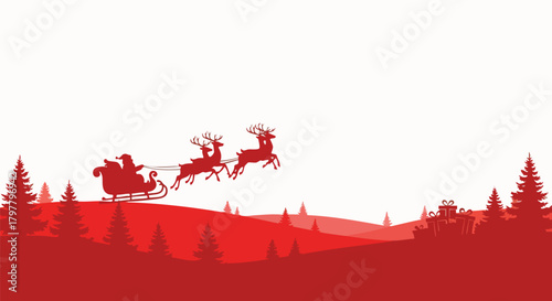 Vibrant red silhouette of Santa Claus and his reindeer sleigh flying over a winter landscape with festive trees, embodying holiday joy.