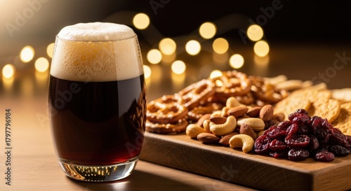 glass of beer with pretzel and nuts for christmas movie night with bestie or family