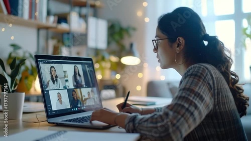Woman in online training session on a laptop video call.