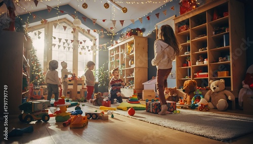 Joyful children playing together in a festively decorated playroom filled with toys and Christmas cheer, creating a warm and inviting atmosphere