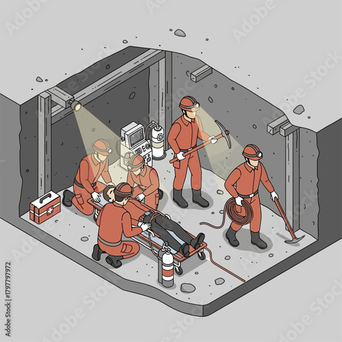 Isometric Rescue Team Assisting Injured Person in Underground Mine.