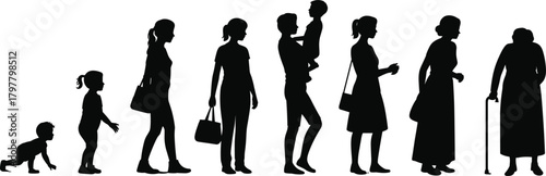 Silhouette stages of human life from crawling child to elderly adults walking with cane family growth evolution concept vector