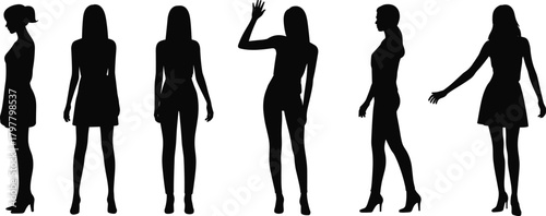 Silhouettes of women standing posing in different elegant positions fashion figure collection isolated female outline vector set