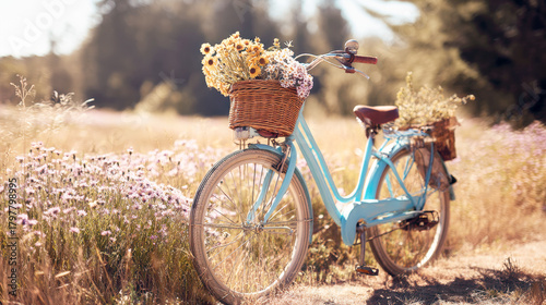 Fototapeta Naklejka Na Ścianę i Meble -  blue bicycle resting in a summer meadow filled with pink and purple wildflowers. Bike features wicker basket overflowing with yellow and mixed wildflowers, evoking a feeling of pastoral tranquility