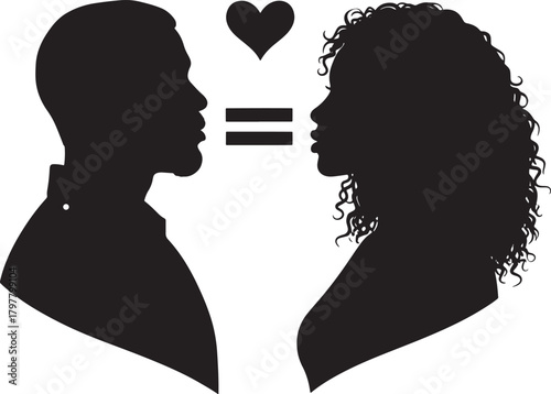 Black couple silhouette with heart and equals sign symbolizing love