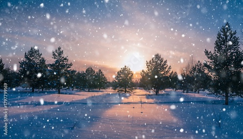 Breathtaking winter wonderland scene with snow falling gently on pine trees at sunset, creating a magical and serene atmosphere for seasonal campaigns