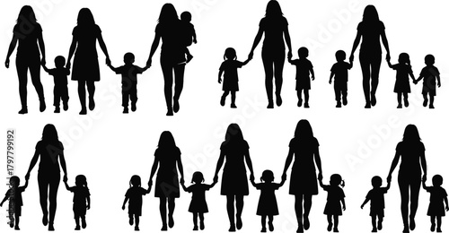 Family silhouettes, mother and children, parenting concept, caregiver figures, holding hands, childcare support, black vector icons, flat vector illustration