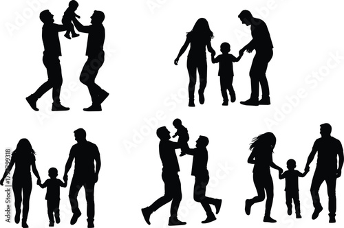 Family silhouettes, parenting moments, diverse family types, walking together, lifting children, happy parents, black vector, flat design, togetherness, love