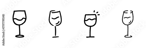 Wine Glasses Line Icon Set In Doodle Style. Celebration, Wine Tasting, And Beverage Enjoyment Outline Sketch Collection. Hand Drawn Isolated Vector Illustration