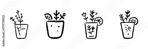 Herbal Drink Glasses Line Icon Set In Doodle Style. Refreshing Beverage, Herbal Infusion, And Citrus Garnish Outline Sketch Collection. Hand Drawn Isolated Vector Illustration
