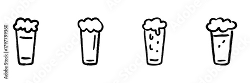 Four Beer Glasses Line Icon Set In Doodle Style. Craft Beer, Brewing, And Beverage Consumption Outline Sketch Collection. Hand Drawn Isolated Vector Illustration