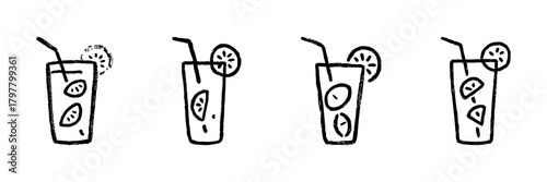 Lemonade Glasses Line Icon Set In Doodle Style. Refreshing Beverage, Summer Drink, And Citrus Flavor Outline Sketch Collection. Hand Drawn Isolated Vector Illustration