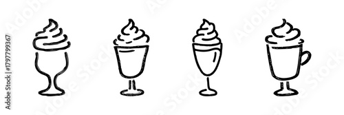 Ice Cream Sundae Glasses Line Icon Set In Doodle Style. Dessert Presentation And Beverage Serving Outline Sketch Collection. Hand Drawn Isolated Vector Illustration