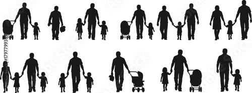 Family silhouettes, walking with children, pushing strollers, parenting moments, black vector, flat design, diverse families, care, love, bonding, togetherness
