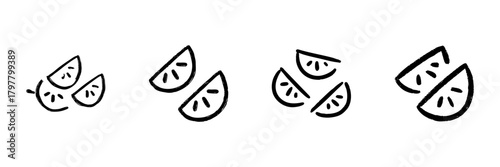 Lemon Wedges Line Icon Set In Doodle Style. Citrus Fruit, Freshness, And Vitamin C Outline Sketch Collection. Hand Drawn Isolated Vector Illustration