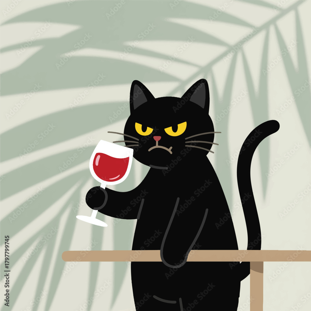 Fototapeta premium Cartoon vector of black cat with yellow eyes holding red wine at table, with palm leaf background. Fun and quirky design ideal for humor, lifestyle, personality art, and stylish animal illustrations.