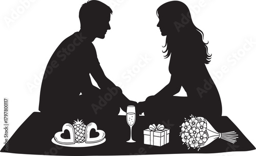 Couple holding hands enjoying romantic picnic under stars silhouette