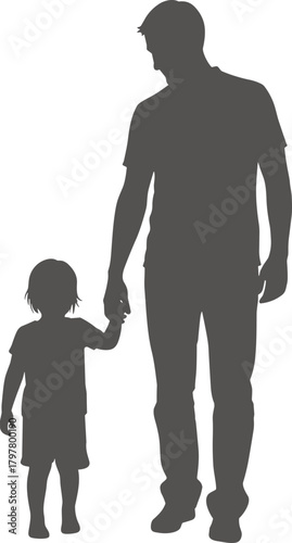 Parent and child silhouette, holding hands, family bond, emotional support, caregiving, love, protection, flat vector illustration, black isolated graphic