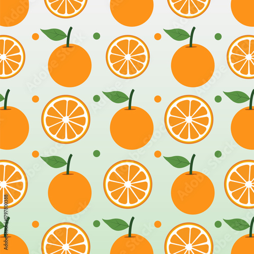 Fresh fruits orange and lemon pattern vector texture design on light green gradient background