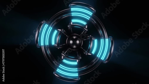 Dynamic Sci-Fi Gyroscope with Glowing Blue Neon Rings