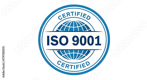 Official iso 9001 certified quality management system stamp emblem with globe illustration
