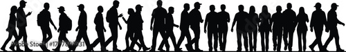 Silhouette of diverse people walking, urban crowd movement, daily life, public interaction, black figures, white background, flat vector illustration