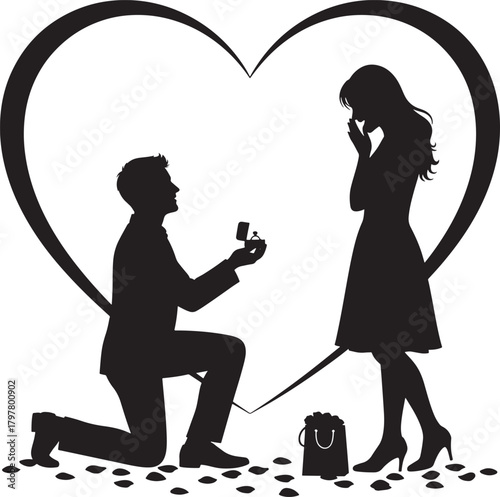 Man proposing marriage to woman silhouette with heart and rose petals