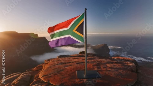 South African Flag Waving on Coastal Cliff at Sunrise