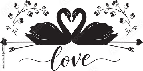 Elegant black swans forming heart shape with love text