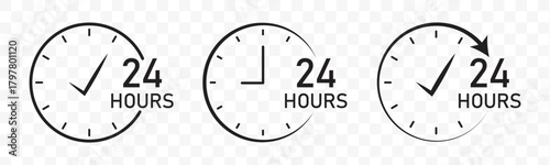 24 hour assistance icons. 24 hours 7 days in week support icons. 24 hour service icon. 24 hours icon. 24 hours order execution or delivery service icon. 24 hours icon set flat style.