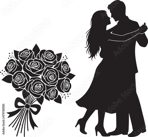 Romantic silhouette couple dancing together holding flowers