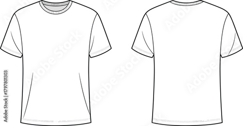 Unisex crew neck short sleeve t-shirt front and back flat sketch, fashion apparel technical vector drawing