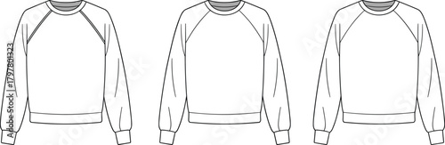 Unisex crewneck raglan sweatshirt technical flat front view fashion apparel vector template fleece jumper sewing pattern mock-up cad drawing flat vector illustration