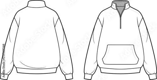 Unisex half zip sweatshirt front and back view, casual pullover fashion template, winter clothing flat sketch design, CAD drawing flat vector illustration